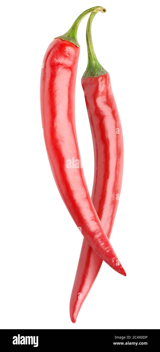 Due peperoncini rossi grezzi isolati su sfondo bianco Foto Stock