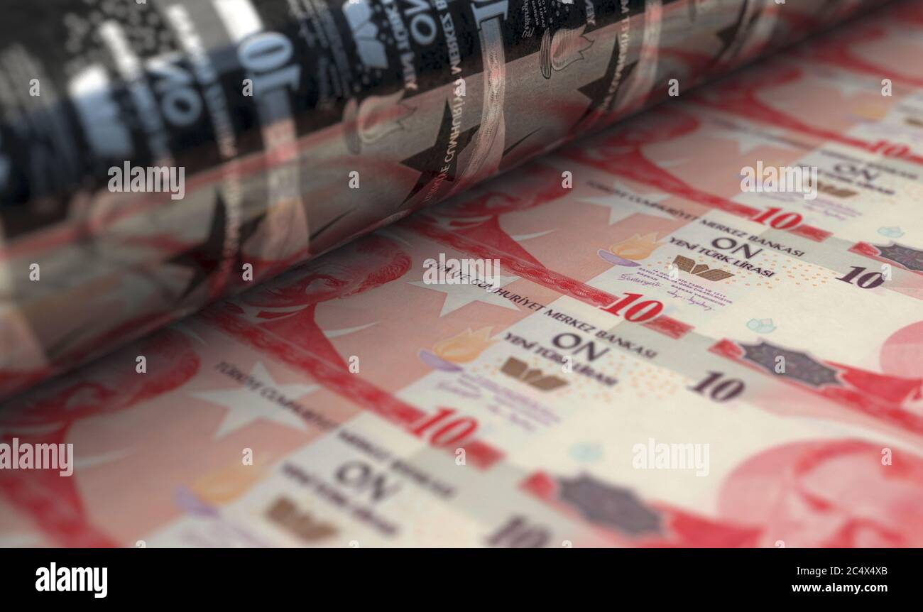 Un'immagine concettuale che mostra un foglio di note di Lira turca che attraversano un rullo nella sua fase finale di una stampa - rendering 3D Foto Stock