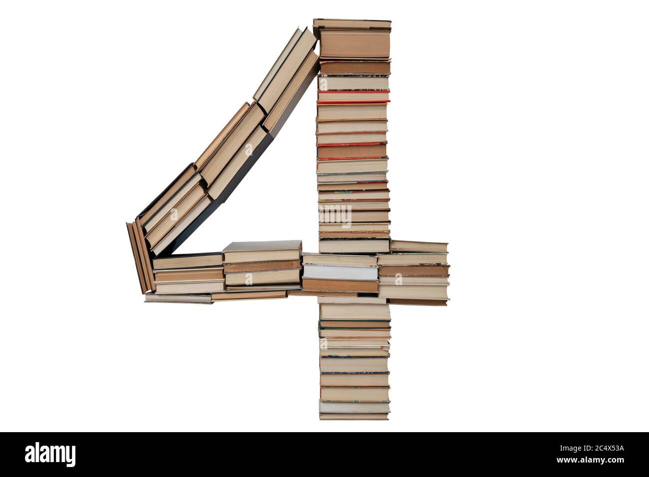 Numero - 4 libri isolati su sfondo bianco. Forma di cifra mockup dall'alfabeto. Concetto di istruzione. Nessuno Foto Stock