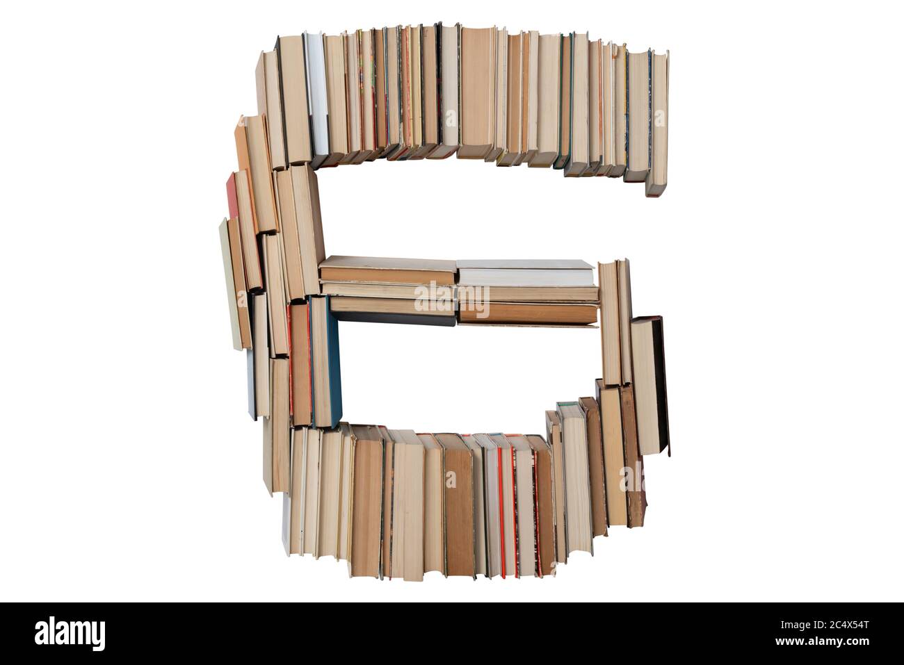 Numero - 6 libri isolati su sfondo bianco. Forma di cifra mockup dall'alfabeto. Concetto di istruzione. Nessuno Foto Stock