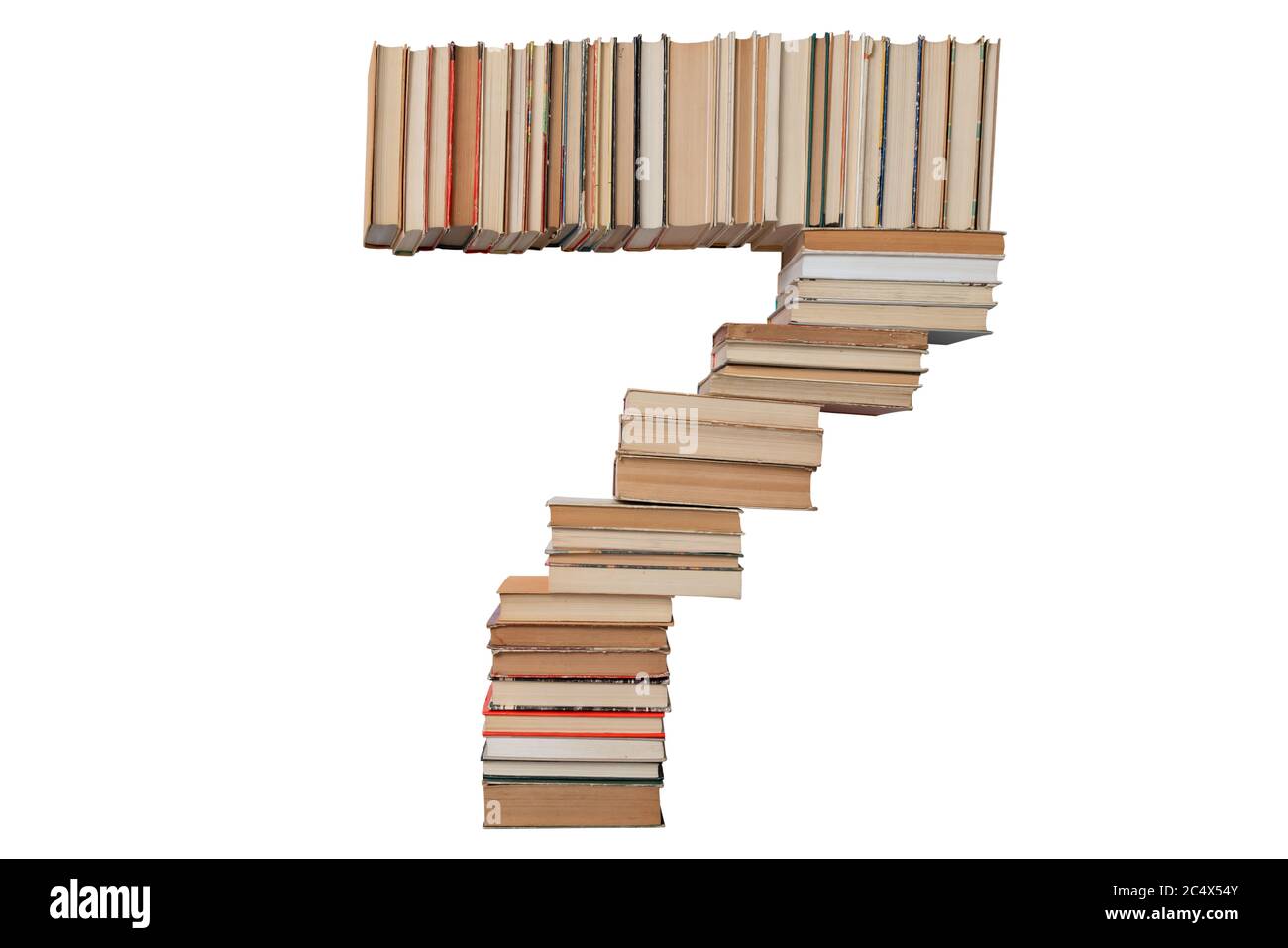 Numero - 7 di libri isolati su sfondo bianco. Forma di cifra mockup dall'alfabeto. Concetto di istruzione. Nessuno Foto Stock