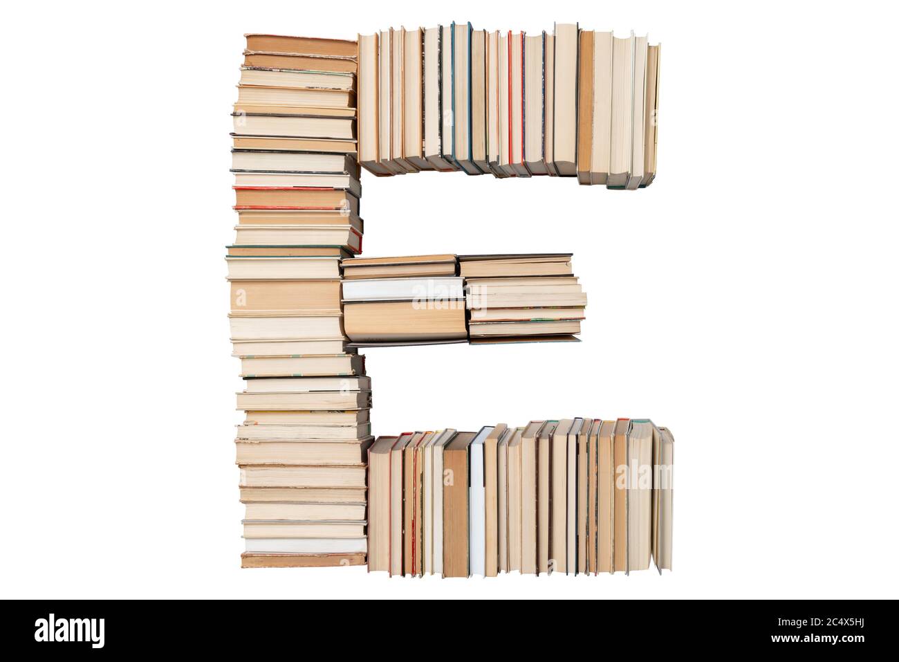 Lettera - e fatto di libri isolati su sfondo bianco. Libro mockup carattere lettera dall'alfabeto. Concetto di istruzione. Nessuno Foto Stock