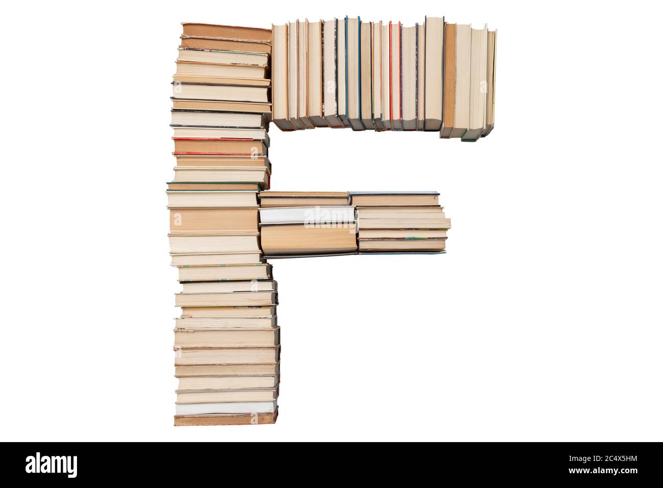 Lettera - F fatto di libri isolati su sfondo bianco. Libro mockup carattere lettera dall'alfabeto. Concetto di istruzione. Nessuno Foto Stock