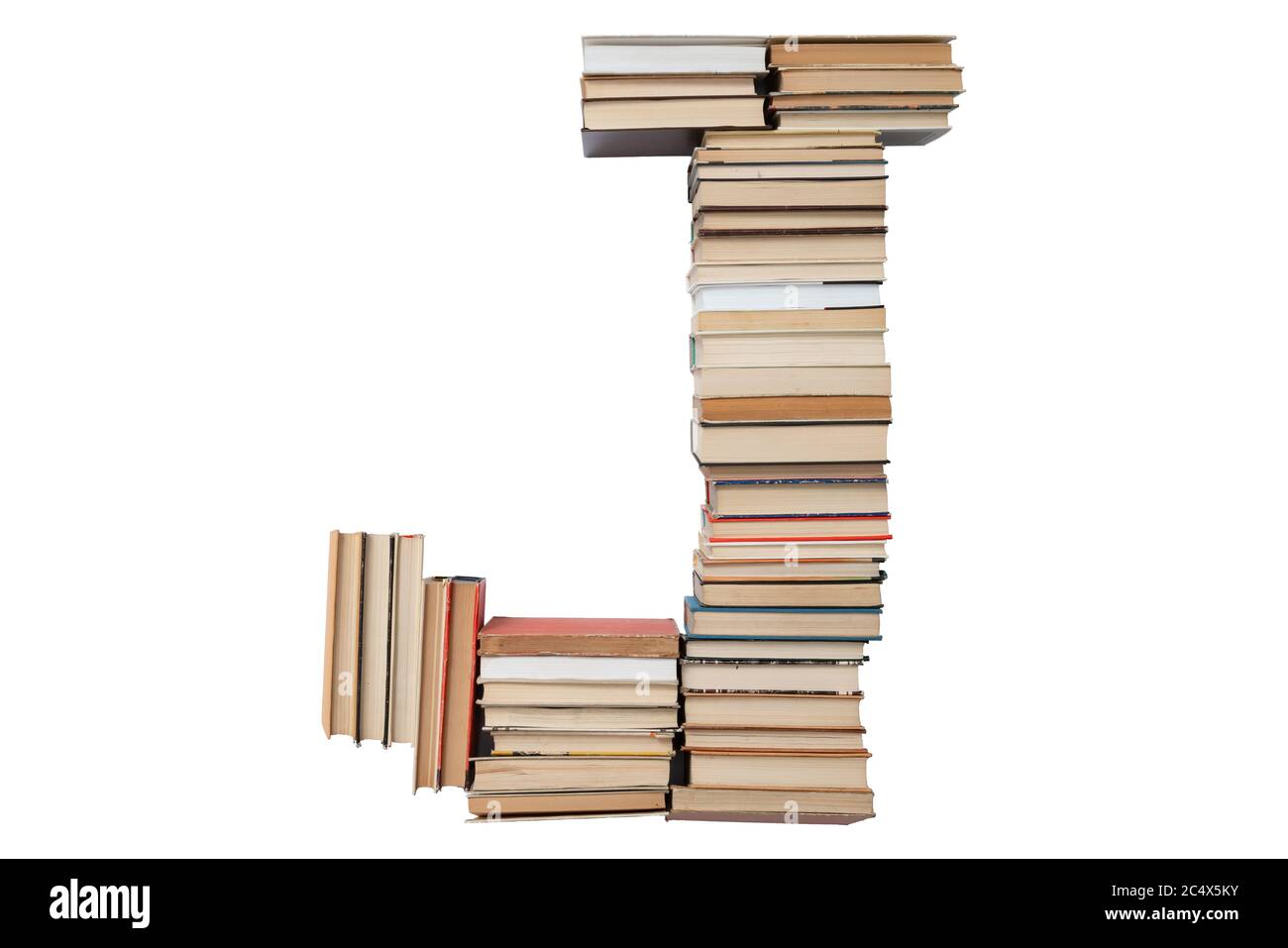 Lettera - J fatto di libri isolati su sfondo bianco. Libro mockup carattere lettera dall'alfabeto. Concetto di istruzione. Nessuno Foto Stock