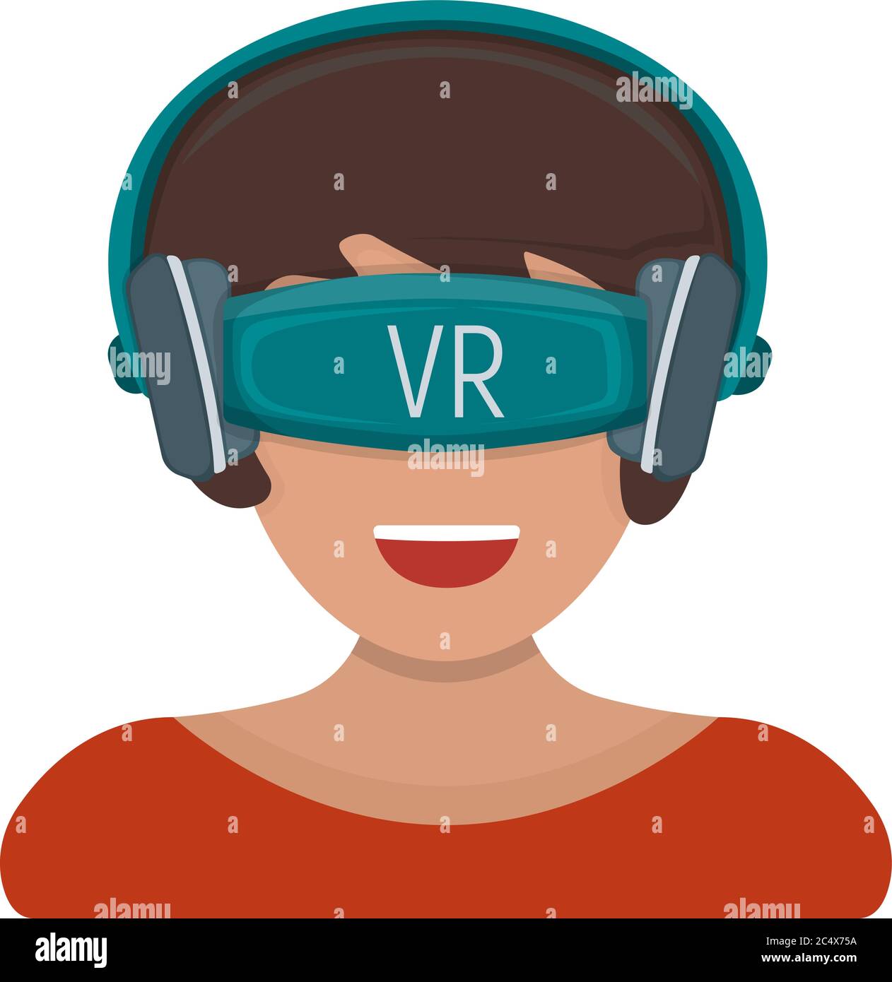 Dispositivo per realtà virtuale femminile con occhiali vr isolati su un'illustrazione vettoriale piatta e bianca. Concept entertainment tecnologia moderna, donna allegra Illustrazione Vettoriale