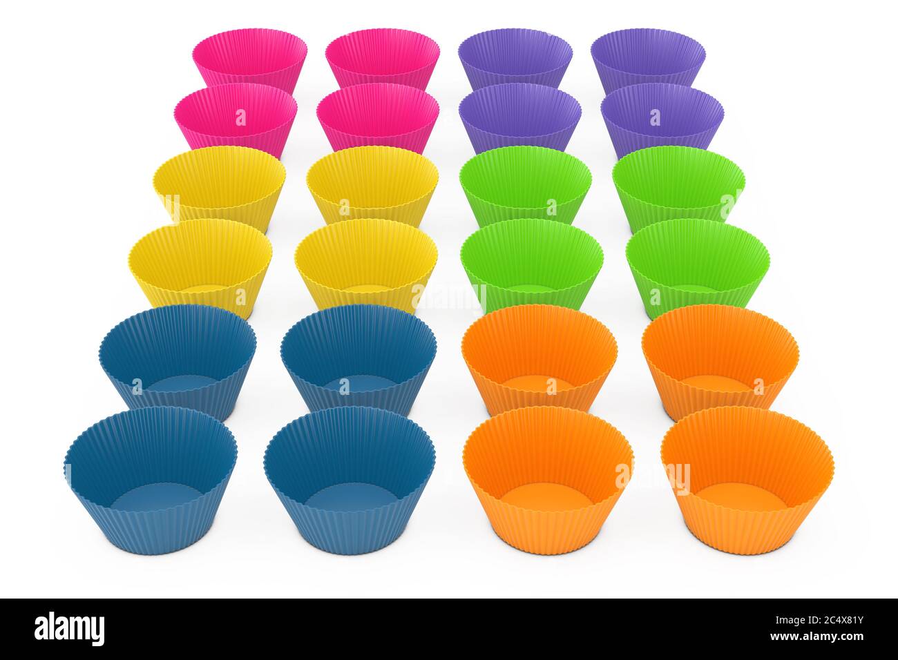 File di colorati Cupcake in silicone su sfondo bianco. Rendering 3d Foto Stock
