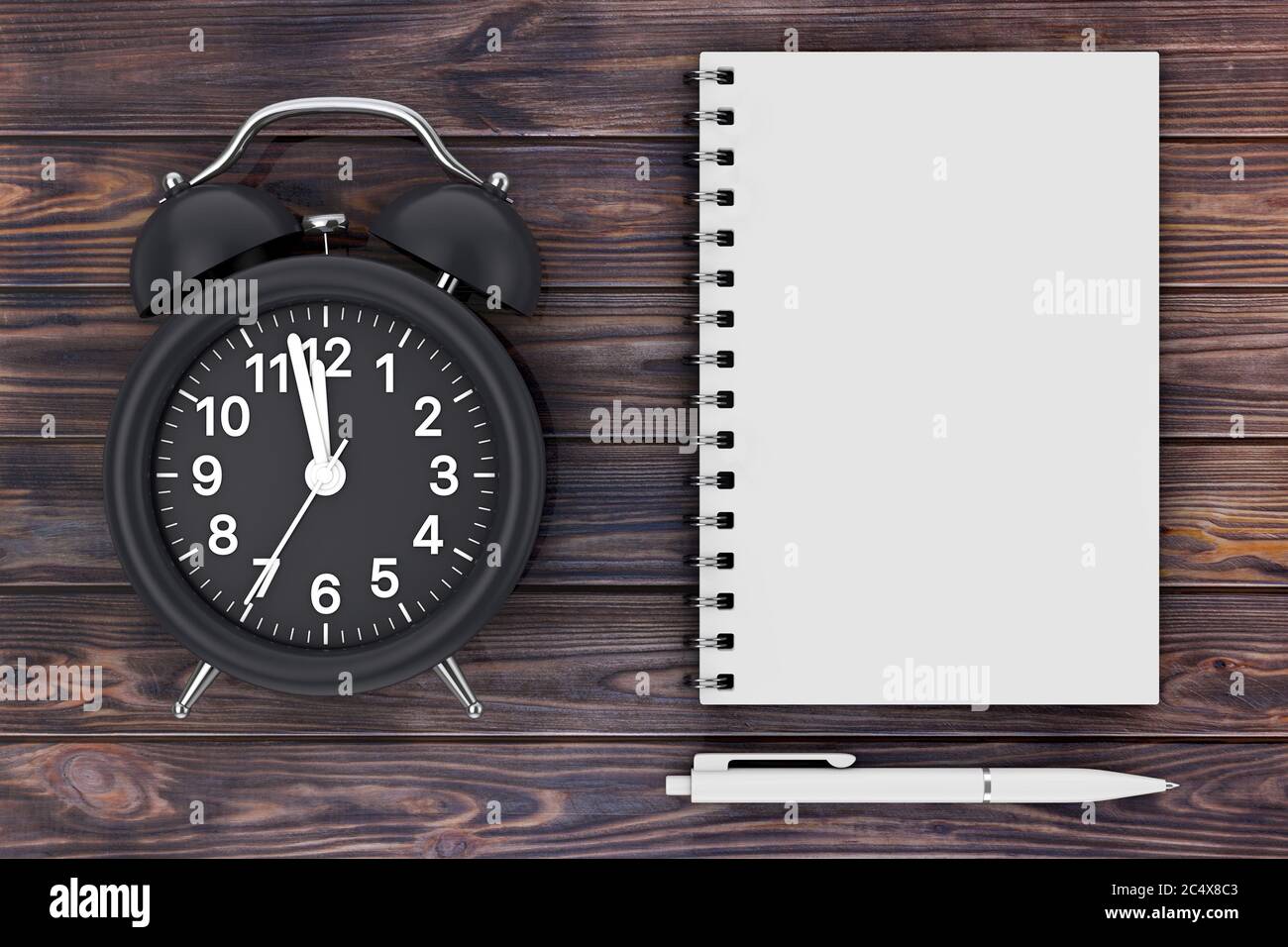 Orologio con penna e blocco note vuoto per il tuo disegno su un tavolo di  legno. Rendering 3d Foto stock - Alamy