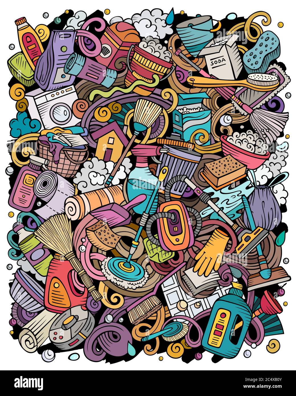 Pulizia mano disegnata vettoriale doodles divertente illustrazione. Illustrazione Vettoriale