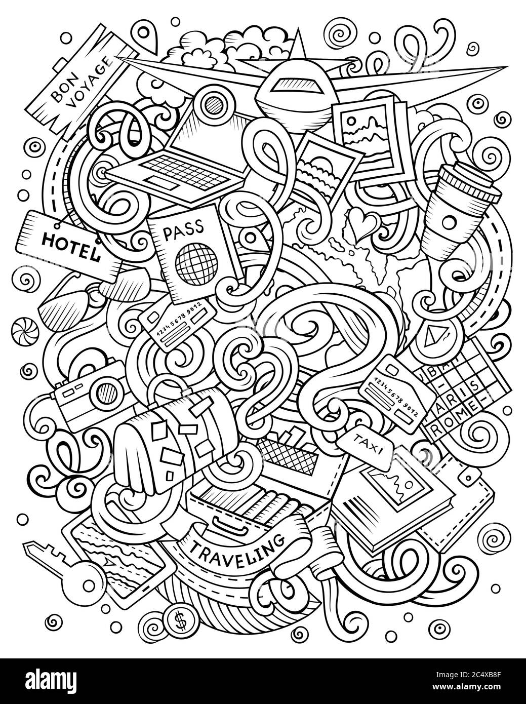 Illustrazione dei doodles vettoriali disegnati a mano da viaggio. Poster da viaggio. Illustrazione Vettoriale