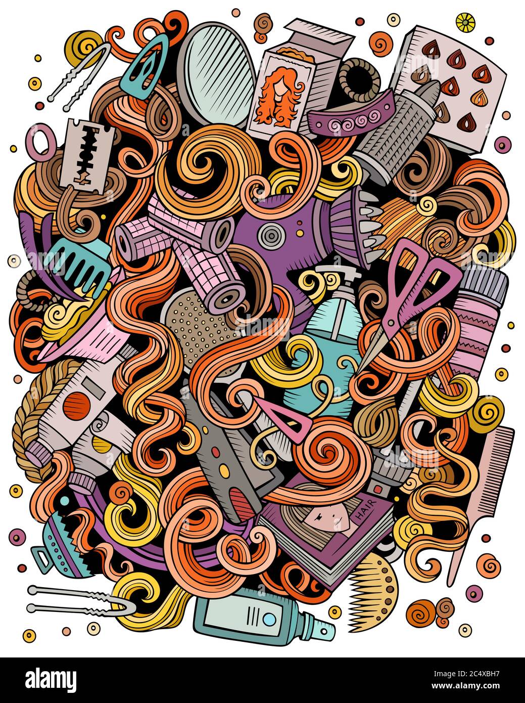 Parrucchiere mano disegnata doodles vettoriali illustrazione. Poster con stampa a capelli. Illustrazione Vettoriale