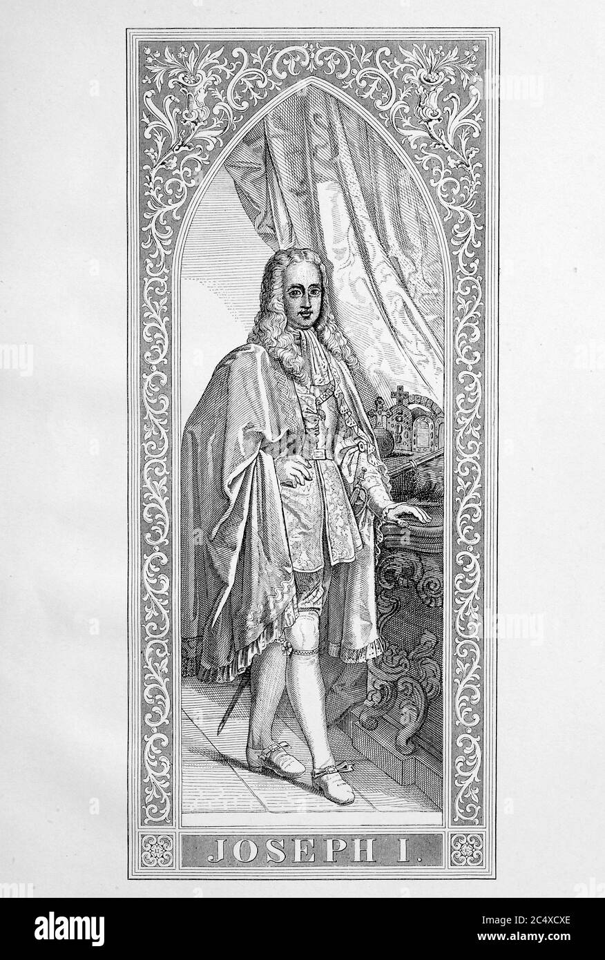 Giuseppe I. (* 26 luglio 1678, † 17 aprile 1711) della Casa di Asburgo e dal 1705 al 1711 Imperatore del Sacro Romano Impero, Re di Boemia, Croazia e Ungheria / Giuseppe I. (* 26. Luglio 1678; † 17. Aprile 1711) aus dem Hause Habsburg und von 1705 bis 1711 Kaiser des Heiligen Roemischen Reiches, Koenig von Boehmen, Kroatien und Ungarn, riproduzione storica, digitale migliorata di un originale del 19 ° secolo / digitale Reproduktion einer Originalvollage aus dem 19. Jahrhundert Foto Stock