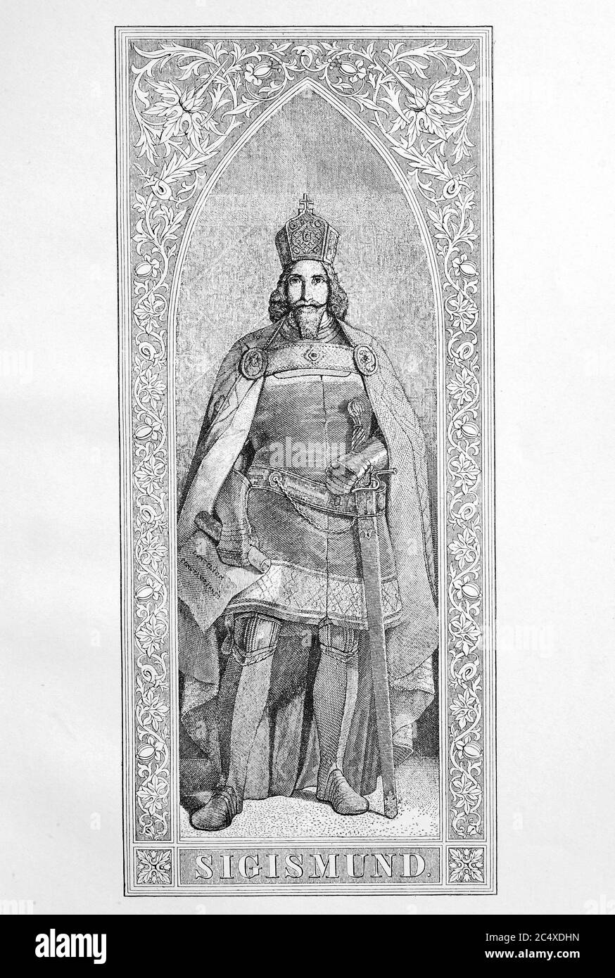 Sigismondo di Lussemburgo (* 15 febbraio 1368; † 9 dicembre 1437), della Casa lussemburghese. Fu Elettore di Brandeburgo dal 1378 al 1388 e dal 1411 al 1415 Re di Ungheria e Croazia dal 1387, re romano-tedesco dal 1411, re di Boemia dal 1419 e imperatore romano-tedesco nel 1433 fino alla sua morte / Sigismondo di Lussemburgo (* 15. Febbraio 1368; † 9. Dezember 1437), aus dem Hause der Luxemburger. Er war Kurfuerst von Brandenburg von 1378 bis 1388 und von 1411 bis 1415, Koenig von Ungarn und Kroatien seit 1387, roemisch-deutscher Koenig seit 1411, Koenig von Boehmen seit 1419 und Foto Stock