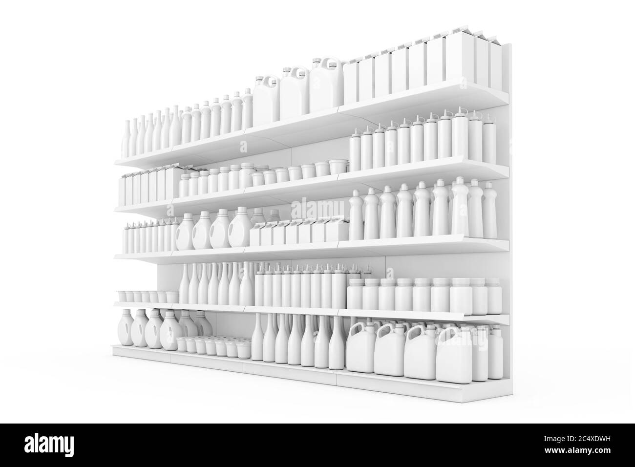Scaffale per supermercati con prodotti o prodotti in bianco stile Clay su sfondo bianco. Rendering 3d. Foto Stock