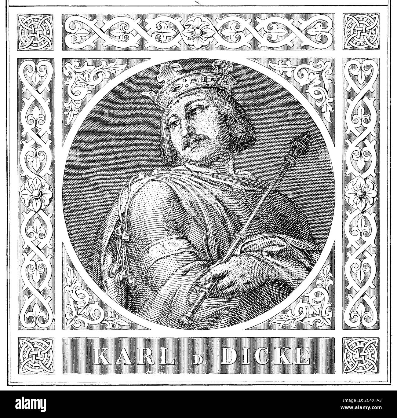 Carlo III. (* 839, † 13 gennaio 888) della nobile famiglia dei Carolingi era 876-887 re ostfraenkischer, 879-887 re d'Italia da 882 regnanti in Baviera, Franconia e Sassonia, 885-888 re franco occidentale e da 881 a 888 imperatore romano / Karl III (* 839; † 13. 888 876 bis 887 ostfraenkischer Koenig, von 879 bis 887 Koenig von Italien, ab 882 Herrscher in Bayern, Franken und Sachsen, von 885 bis 888 westfraenkischer Koenig und von 881 bis 888 roemischer Kaiser, historical, riproduzione digitale migliorata di un originale del 19 Foto Stock