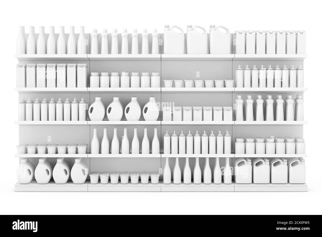 Scaffale per supermercati con prodotti o prodotti in bianco stile Clay su sfondo bianco. Rendering 3d. Foto Stock