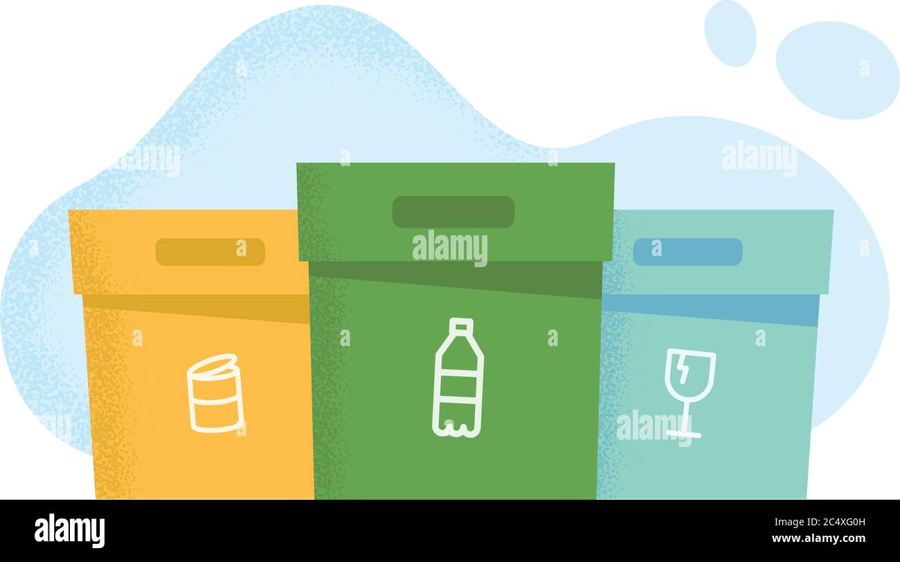 Scatole di smistamento dei rifiuti a colori per illustrazione del riciclaggio. Scatole separate per vetro, imballaggio e plastica. Illustrazione Vettoriale
