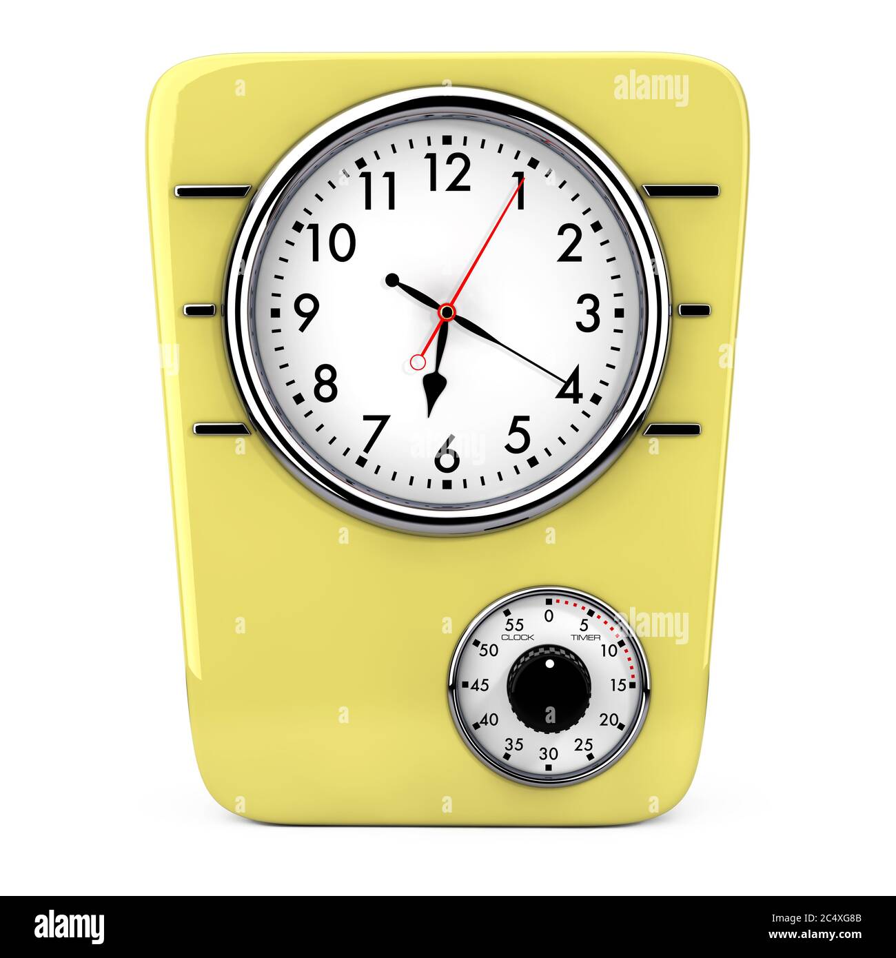 Orologio da cucina in stile retrò con timer su sfondo bianco. Rendering 3d Foto Stock