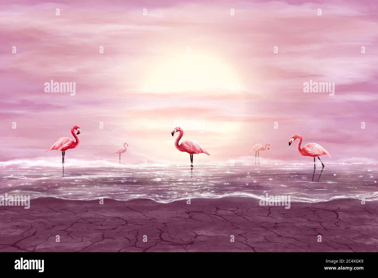 Fenicotteri rosa in acqua frizzante. Grafica digitale. Foto Stock