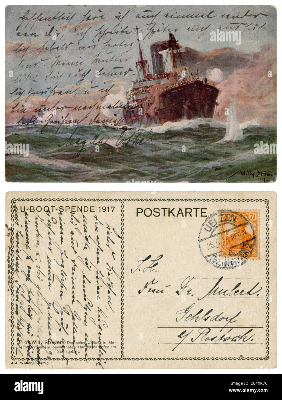 Cartolina storica tedesca: Sottomarino tedesco nella falce di un mercante armato a vapore nella zona ristretta, Imperial German Navy, 1917, inverso. Foto Stock