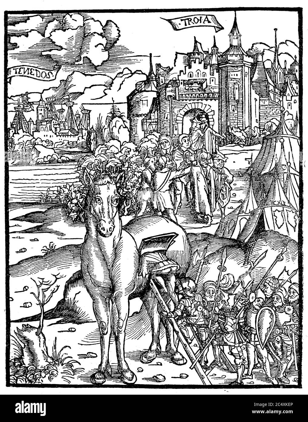Il cavallo di Troia. I greci entrano nel cavallo di legno all'assedio di Troy / Das trojanische Pferd. Die Griechen Steigen in den Bereich von Dienstleistungen Foto Stock