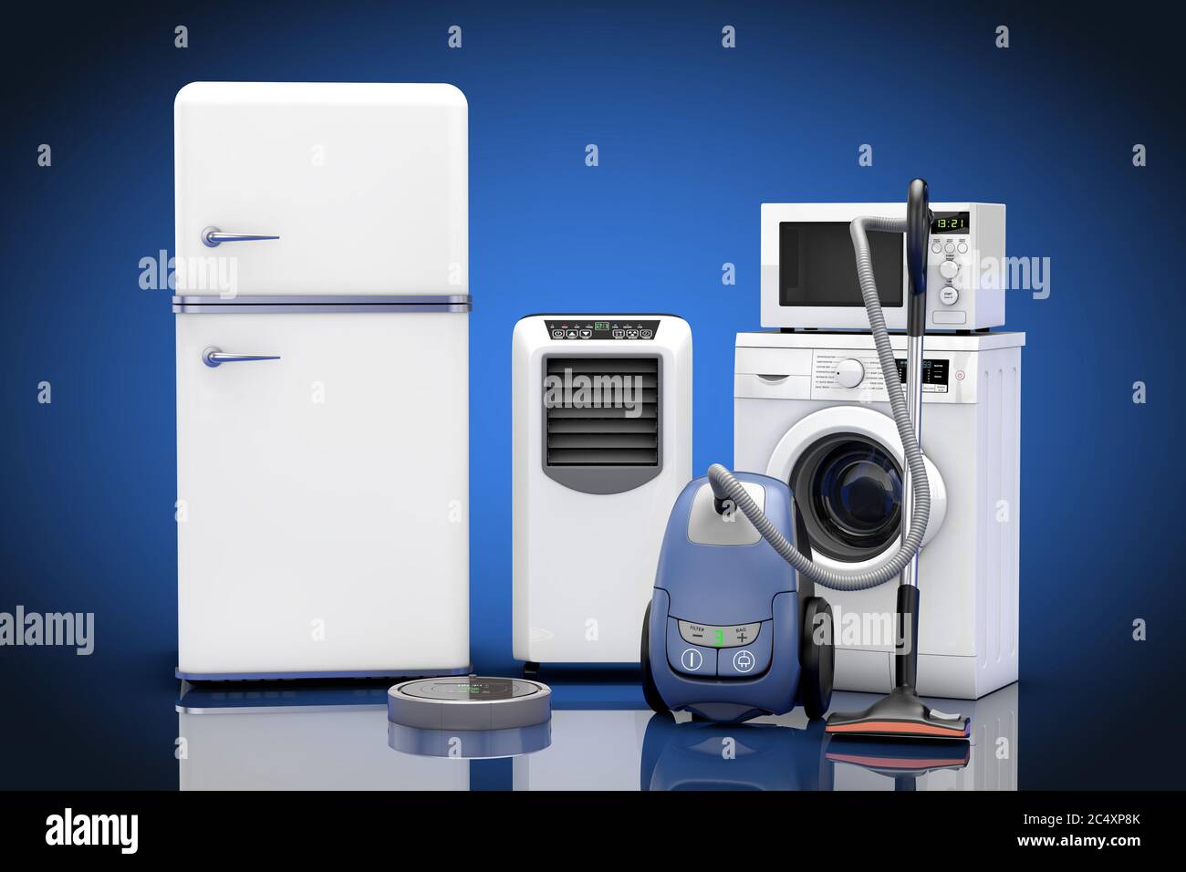 Elettrodomestici su sfondo blu. Rendering 3d Foto Stock