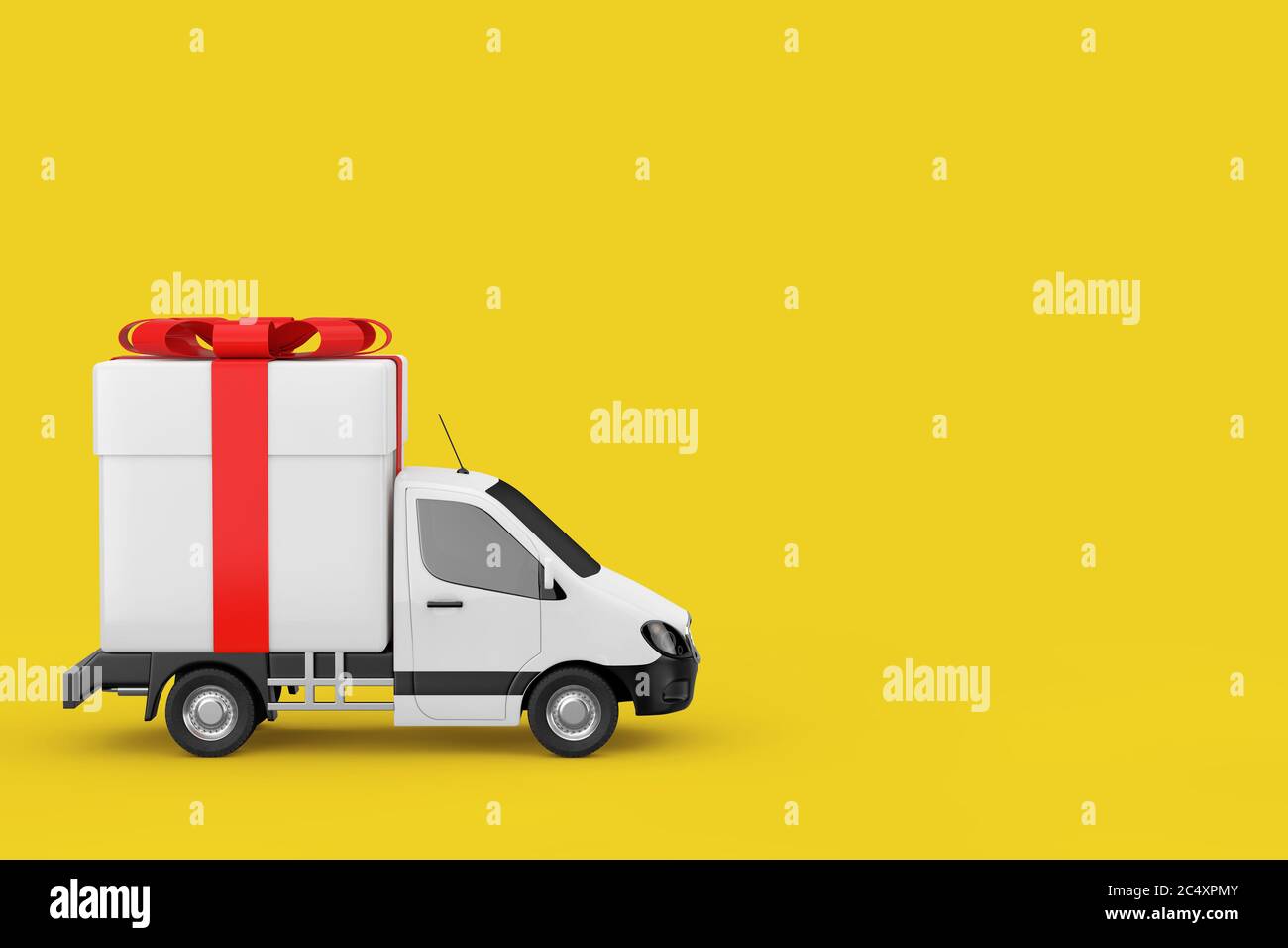 Furgone per la consegna di merci industriali bianco con scatola regalo e  nastro rosso su sfondo giallo. Rendering 3d Foto stock - Alamy