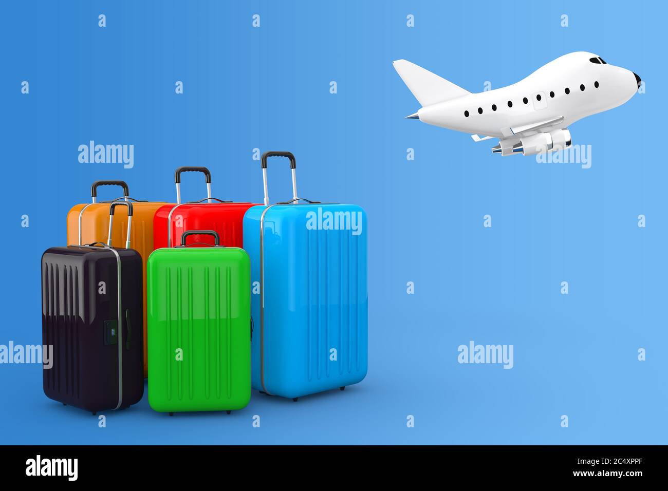 Concetto Air Travel. Valigie grandi in policarbonato multicolore con  aeroplano Cartoon Toy Jet su sfondo blu. Rendering 3d Foto stock - Alamy