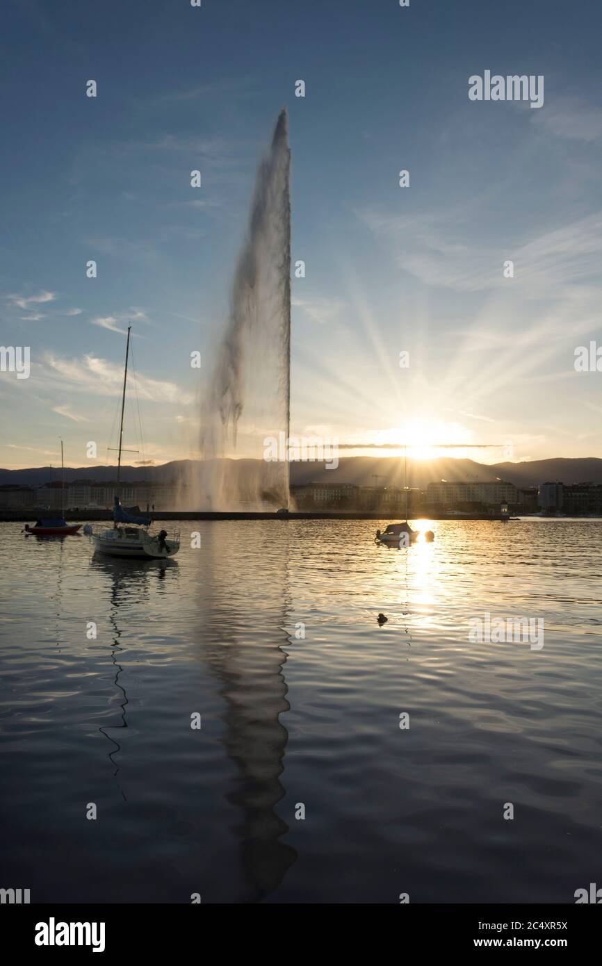 Jet d'eau. Il lago di Ginevra. Il Cantone di Ginevra. Svizzera Foto Stock