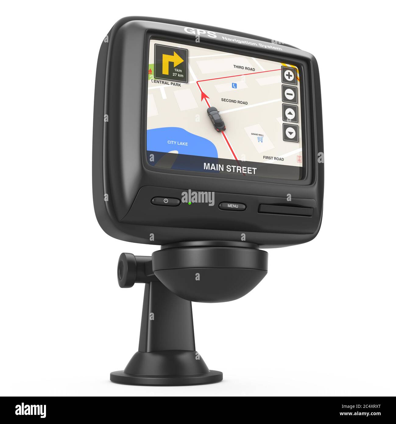 Dispositivo GPS del sistema di navigazione e posizionamento globale con mappa della città di navigazione sullo schermo su sfondo bianco. Rendering 3d Foto Stock