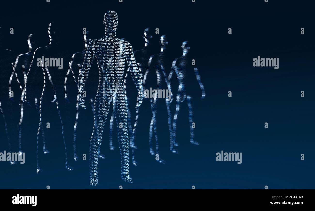 Corpi umani fatti di uno e zeri. Il concetto di simbiosi dell'uomo e della tecnologia. rendering 3d Foto Stock