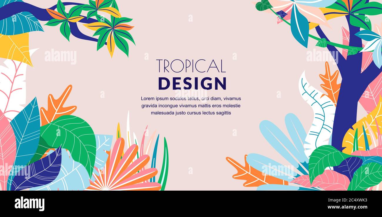 Summer tropicale astratto orizzontale sfondo cornice. Illustrazione del cartone piatto vettoriale. Foglie colorate di palma di doodle disegnate a mano. Bandiera della natura della giungla, Illustrazione Vettoriale Summer tropicale astratto orizzontale sfondo cornice. Illustrazione del cartone piatto vettoriale. Foglie colorate di palma di doodle disegnate a mano. Bandiera della natura della giungla, Illustrazione Vettoriale