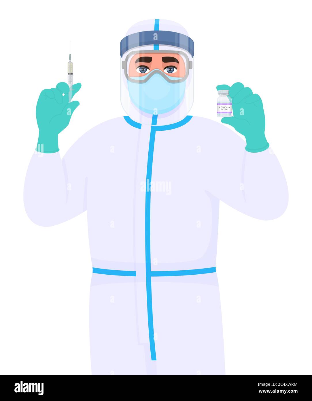 Medico in tuta protettiva di sicurezza contenente siringa, flaconcino di vaccino. Chirurgo che mostra il medicinale per iniezione. Medico che indossa dispositivi di protezione individuale. Illustrazione Vettoriale