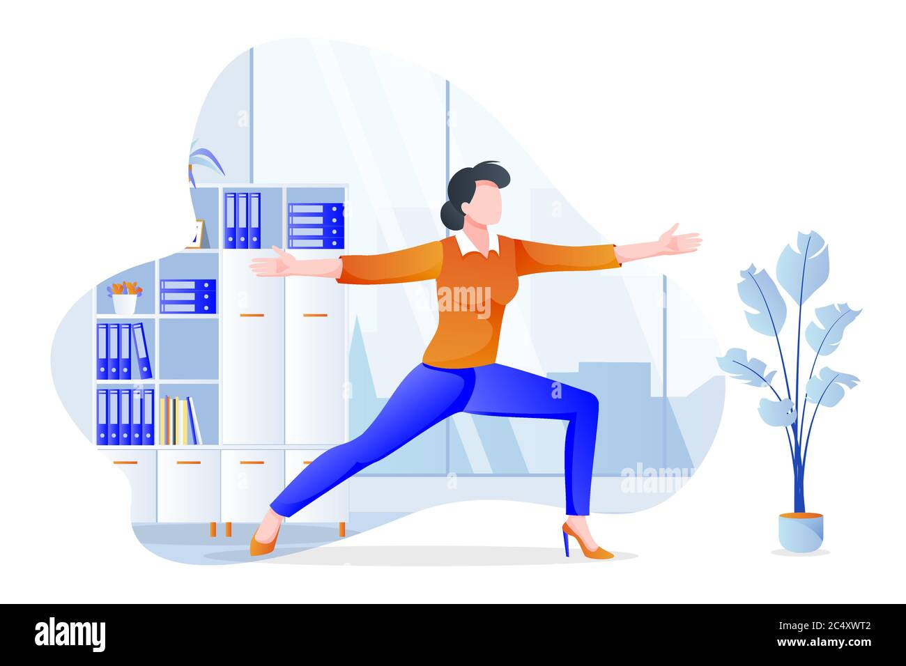 Manager donna d'affari si trova in posizione guerriero virabhadrasana. Pausa di yoga per ufficio di 5 minuti. Donna meditando in un moderno gabinetto. Illustrazione del carattere vettoriale Illustrazione Vettoriale