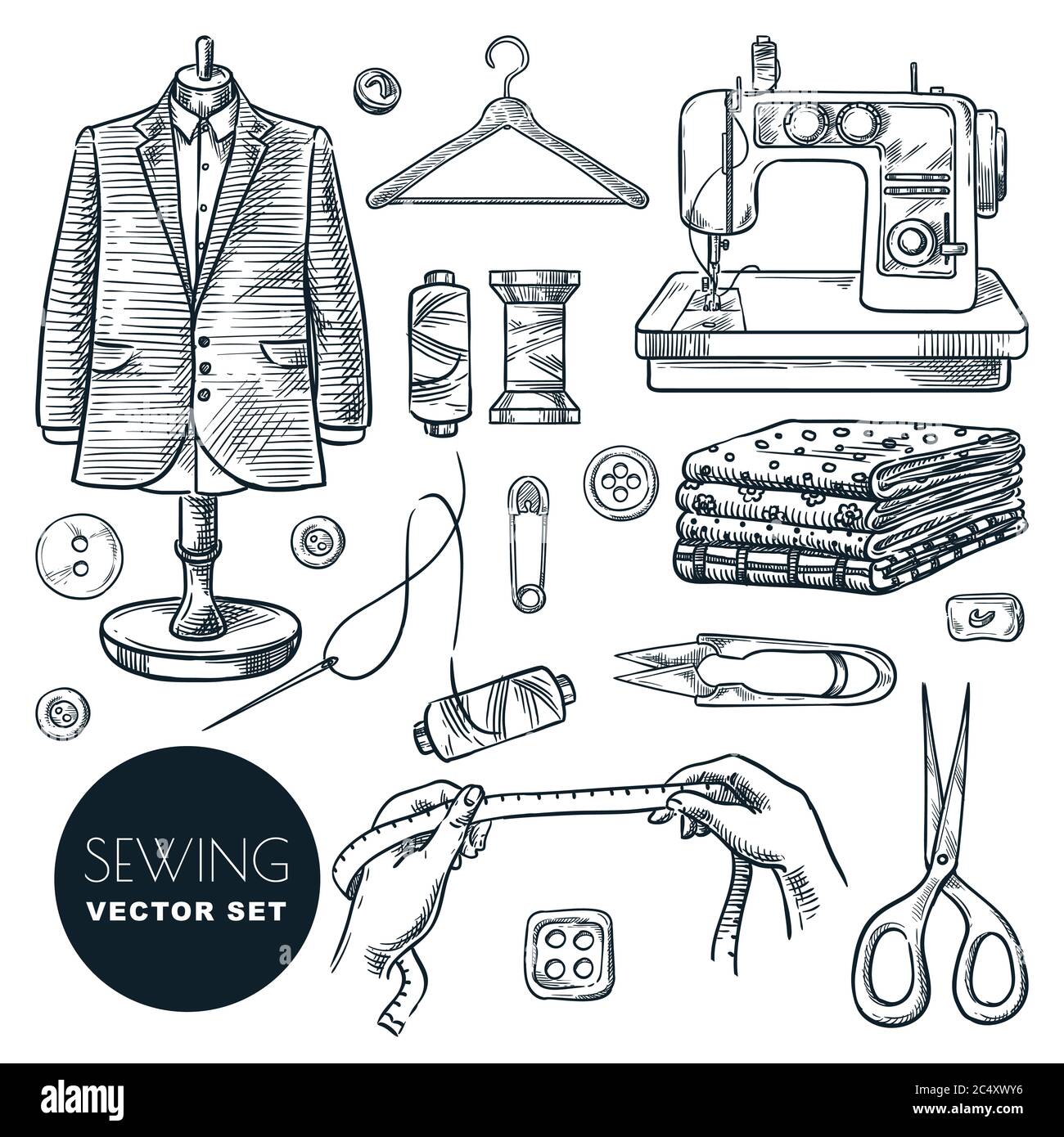 Abito alla moda da uomo su misura. Set di attrezzi da cucire e attrezzature su misura, isolati su sfondo bianco. Illustrazione dello schizzo disegnata a mano dal vettore. Busi artigianali Illustrazione Vettoriale