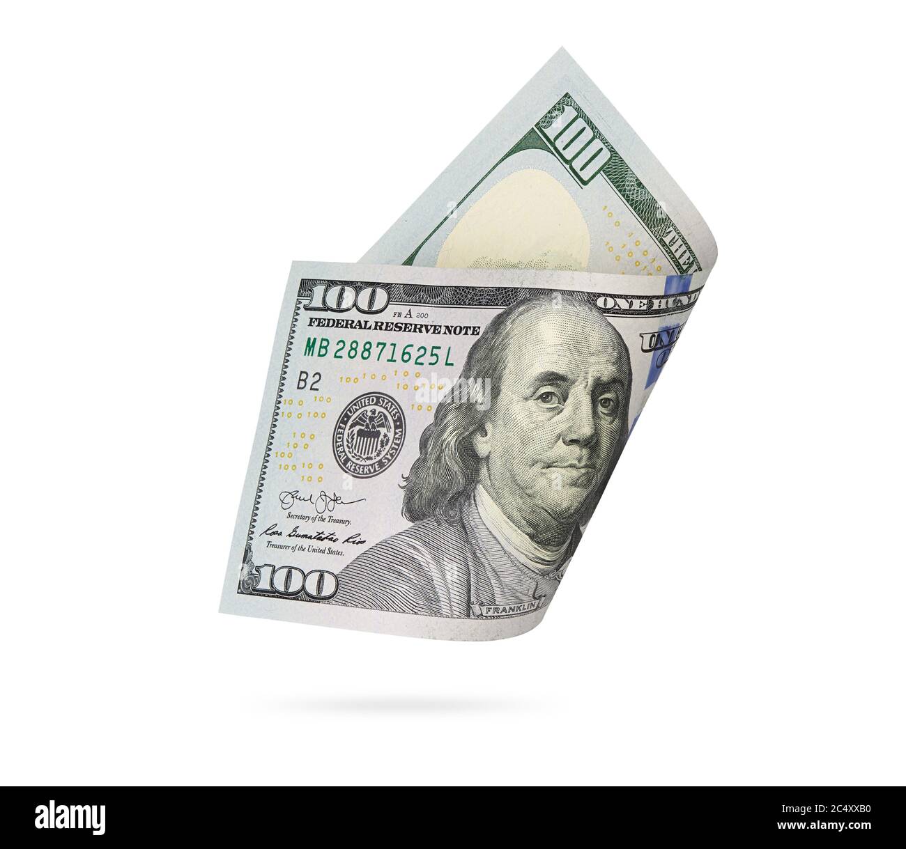 Valuta americana della carta. Cento dollari isolati su bianco con il tracciato di ritaglio Foto Stock