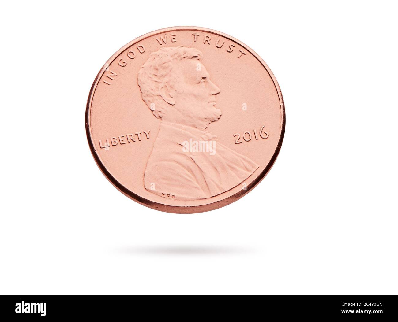 un centesimo americano isolato su sfondo bianco. Abraham Lincoln su moneta di rame Foto Stock