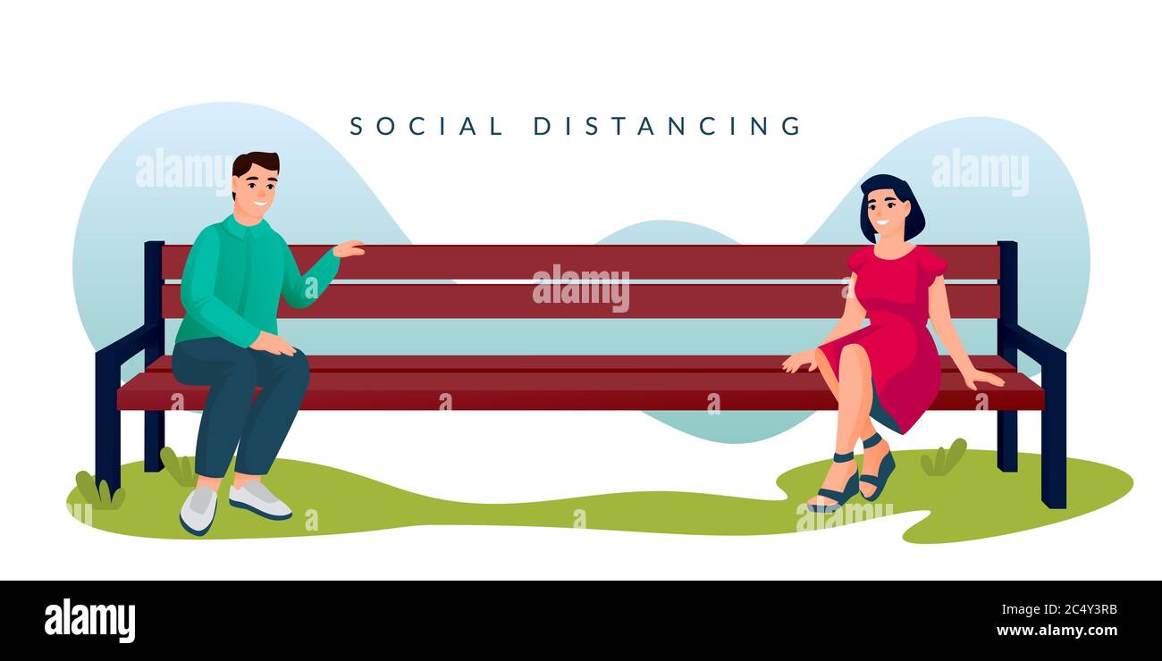 Coppia seduta con divaricarsi sociale sulla panchina nel parco cittadino. Uomo e donna trascorrono il tempo all'aperto. Illustrazione vettoriale. Nuova distanza normale in plac pubblico Illustrazione Vettoriale