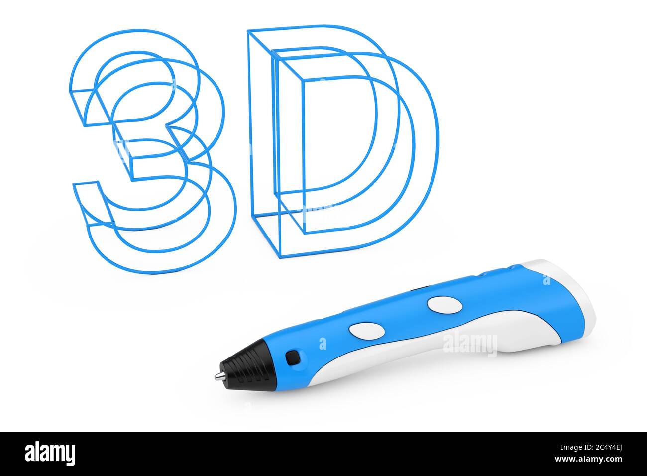 Concetto di tecnologia. penna per stampa 3d vicino a lettere 3D in plastica Firma su uno sfondo bianco. Rendering 3d Foto Stock