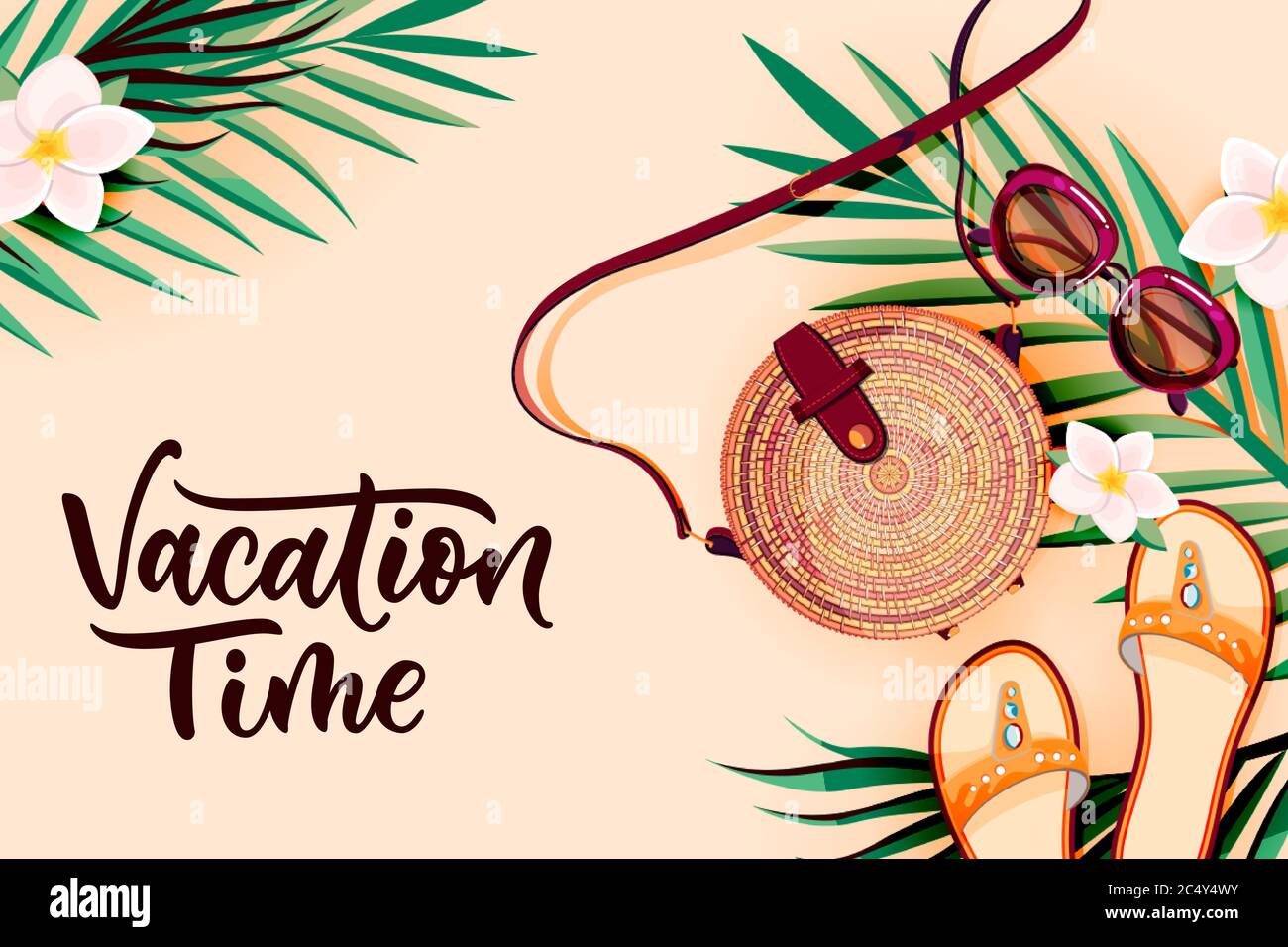 Accessori estivi di moda da viaggio su sfondo tropicale foglie di palma. Calligraphy di tempo di vacanza che lettering. Banner o poster delle festività. Vettore Illustrazione Vettoriale