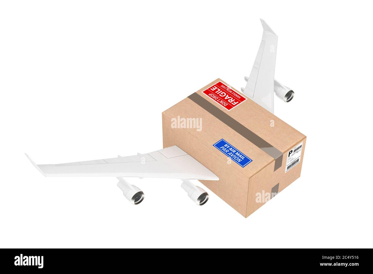 Concetto di spedizione AirMail. Cartone box Parcel con motori Jet e ali per aeroplano su sfondo bianco. Rendering 3d Foto Stock