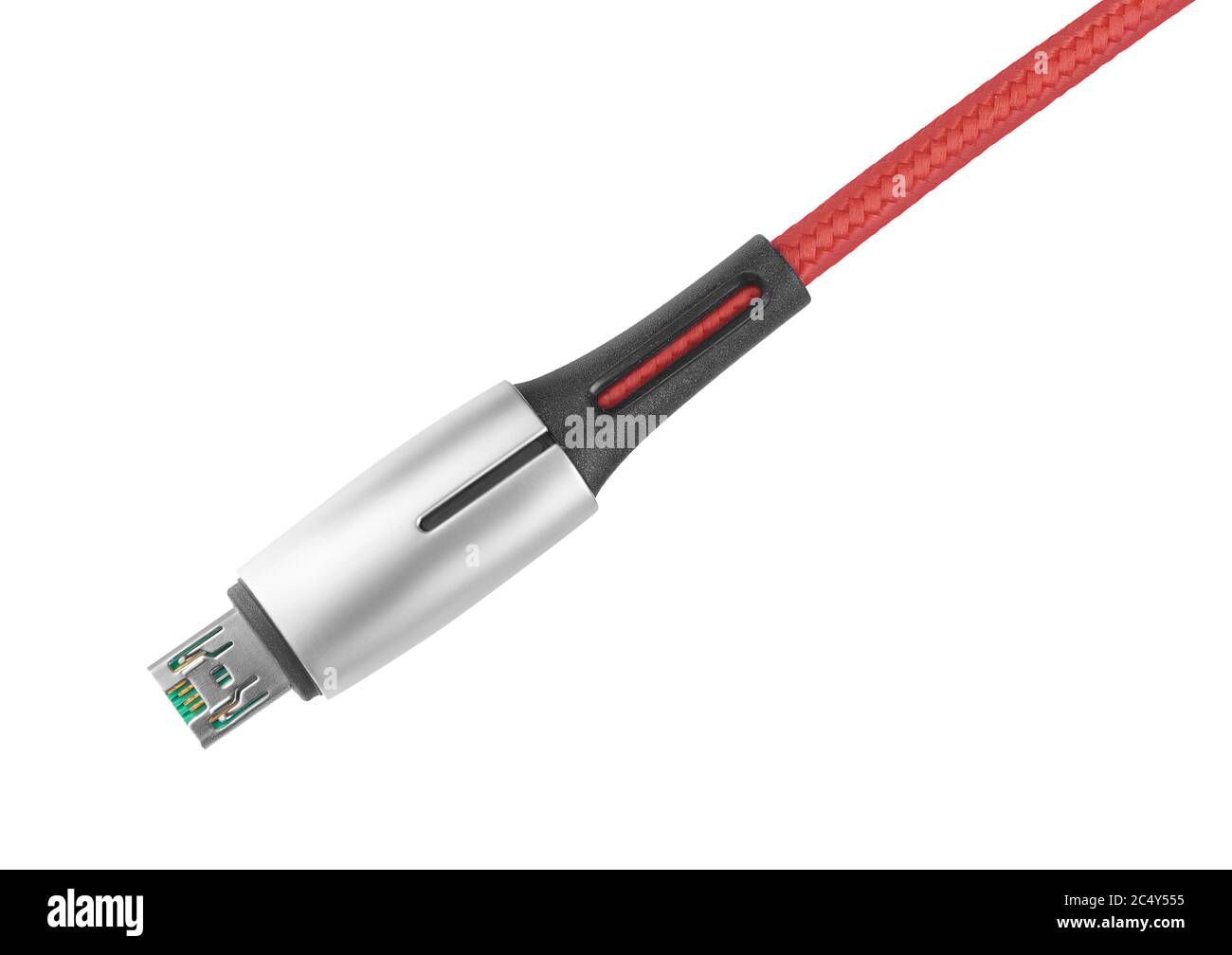 Cavo micro USB per smartphone isolato su sfondo bianco. Connettore e presa per PC e dispositivi mobili. Tracciato di ritaglio Foto Stock