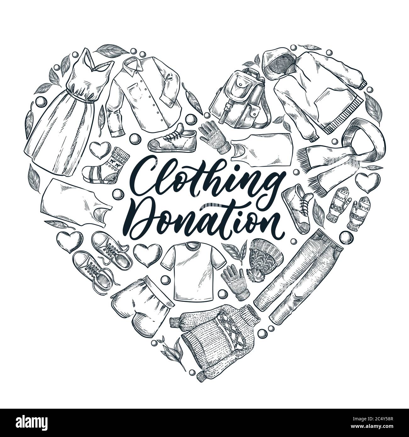 Donazione di abbigliamento, banner o poster con scritta calligrafia disegnata a mano. Abiti a forma di cuore, icone di schizzo disegnate a mano vettoriale ed elem di disegno Illustrazione Vettoriale