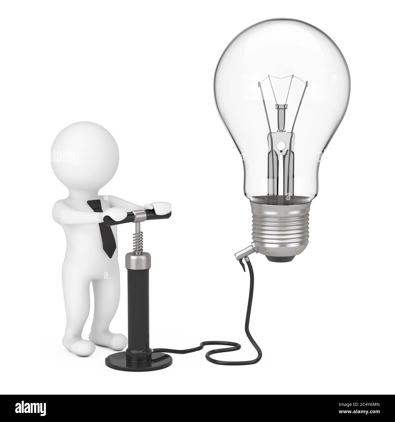 la persona 3d con pompa dell'aria a mano nera gonfia la lampadina idea Light su uno sfondo bianco. Rendering 3d. Foto Stock