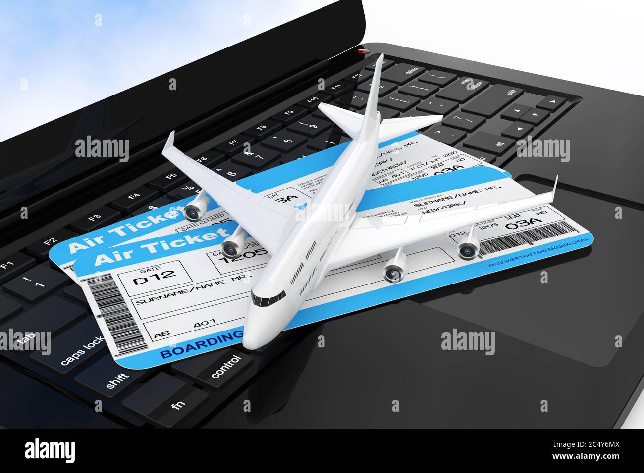 Aereo passeggeri White Jet con biglietti d'imbarco per le compagnie aeree sopra la tastiera del computer portatile moderno, closeup estremo. Rendering 3d. Foto Stock