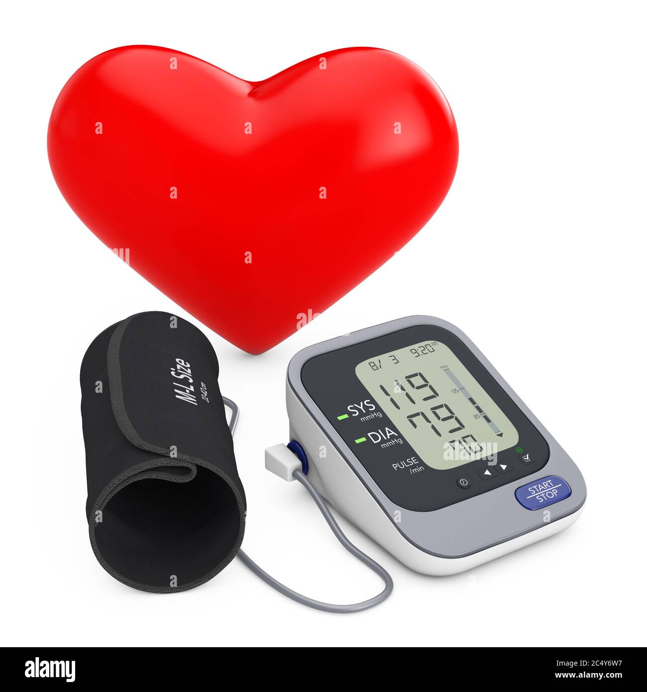 Cuore rosso vicino ai moderni dispositivi di monitoraggio digitale della pressione sanguigna su sfondo bianco. Rendering 3d Foto Stock