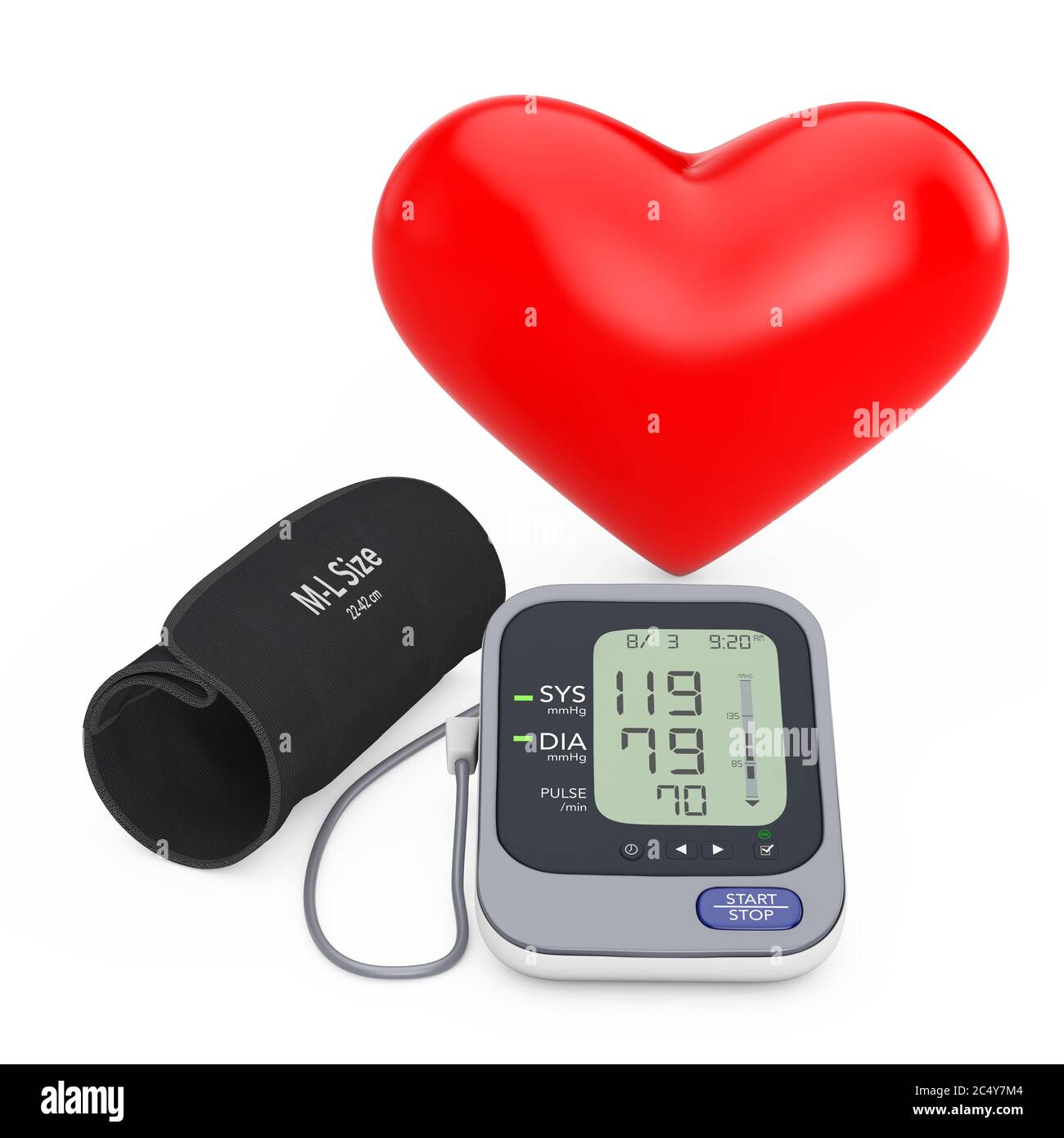 Cuore rosso vicino ai moderni dispositivi di monitoraggio digitale della pressione sanguigna su sfondo bianco. Rendering 3d Foto Stock