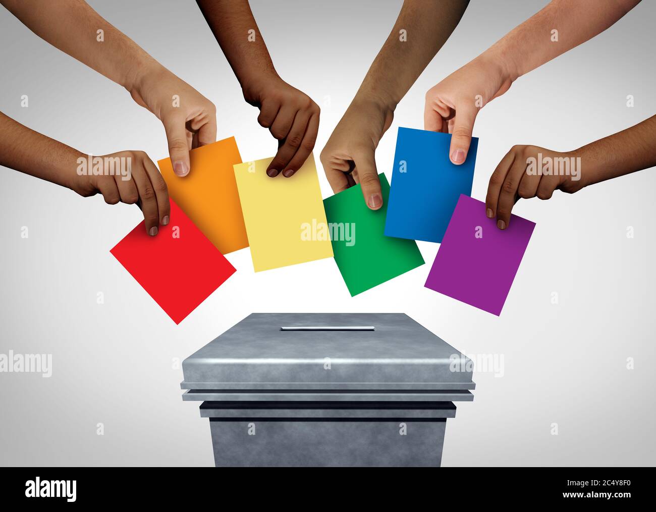 LGBT voto della comunità e diritti gay orgoglio voto o sessualità diversità concetto e mani diverse che gettano voti a una stazione di polling. Foto Stock