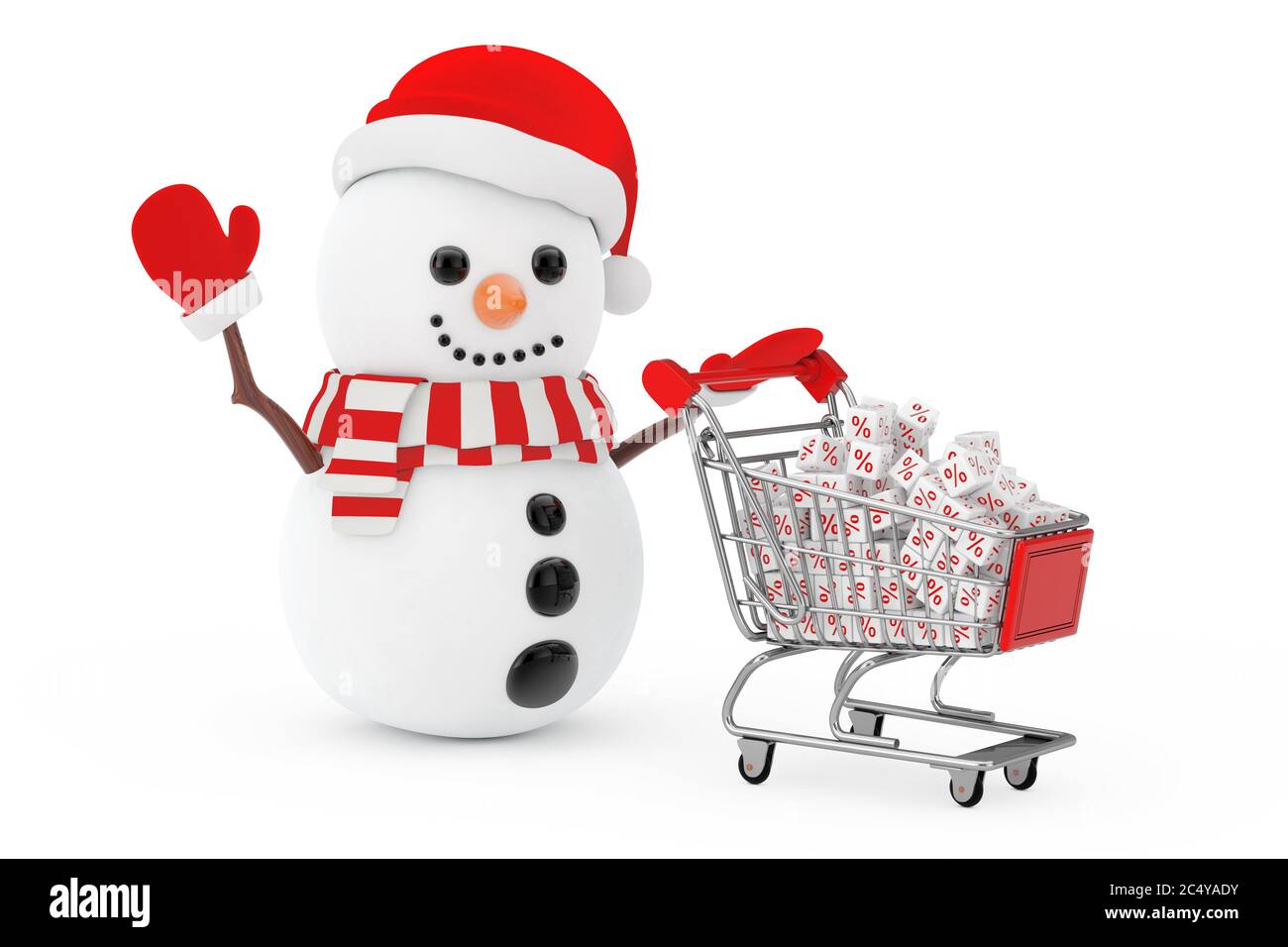 Vendita di Natale concetto. Pupazzo di neve con cappello Babbo Natale guidato da un Carrello con cubi bianchi scontati su sfondo bianco. Rendering 3d Foto Stock