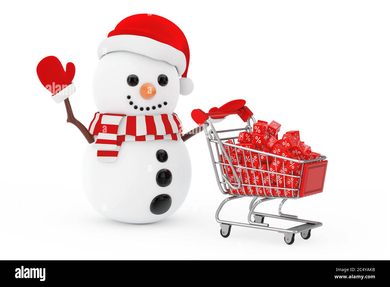 Vendita di Natale concetto. Pupazzo di neve con cappello Babbo Natale guidato da un Carrello con cubi sconto rossi su sfondo bianco. Rendering 3d Foto Stock