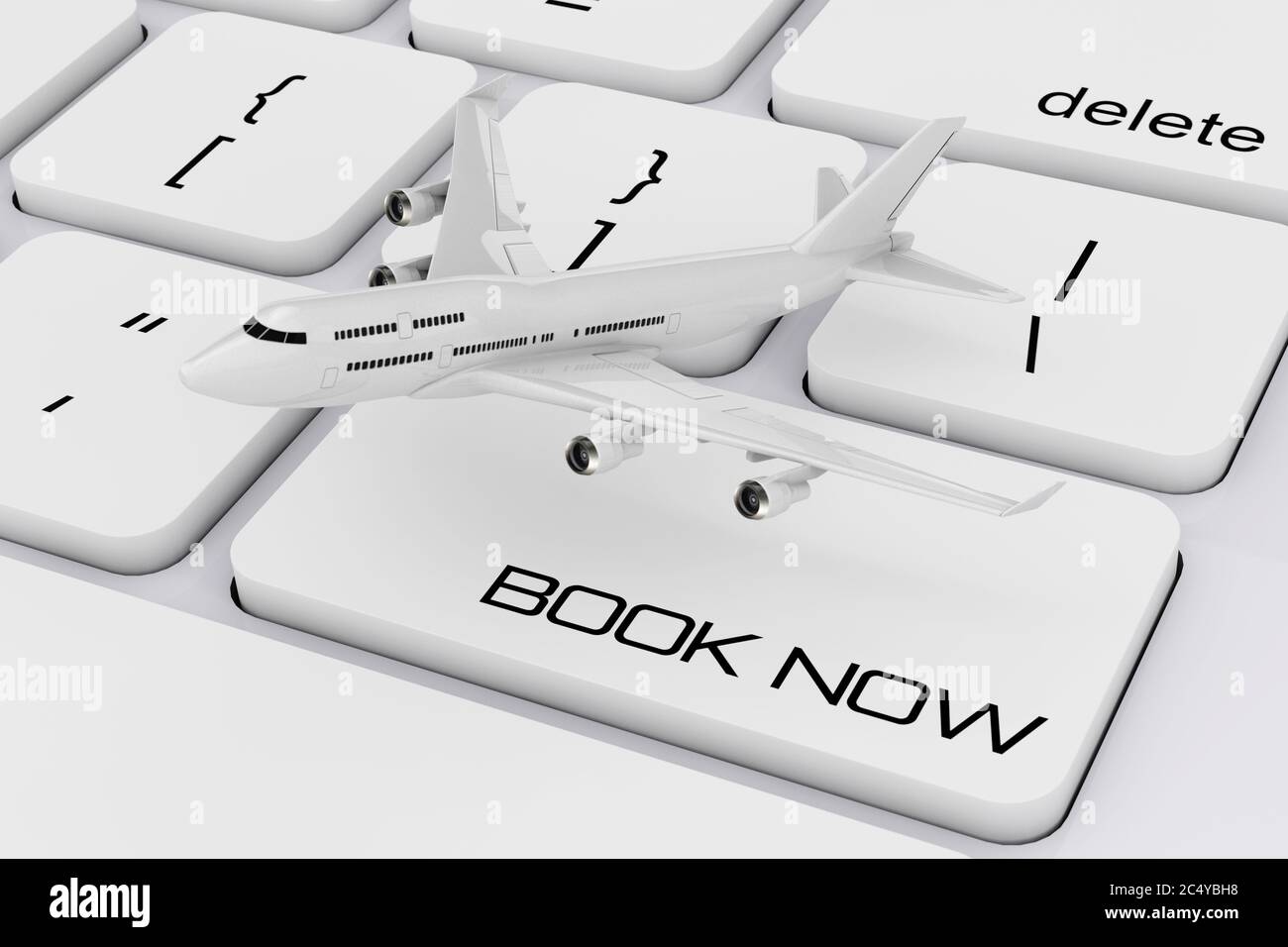 Aereo da passeggeri White Jet su tastiera per computer con Prenota ora Firma closeup estremo. Rendering 3d. Foto Stock